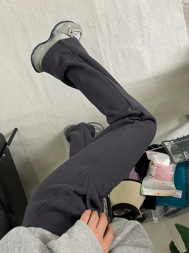 Plus Size Dark Gray Pear Shapes Micro-Pull Sports Casual Pants Women Winter Fleece-lined Plus size Chubby Girl Slimming Stret...