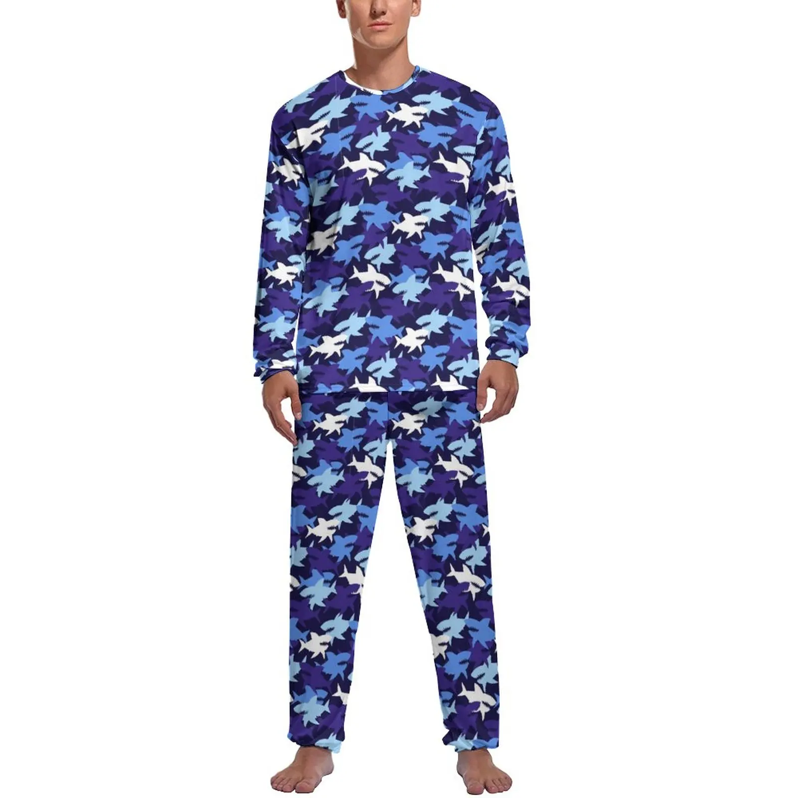 Blue Shark Camo Pajamas Cool Animal Print Men Long-Sleeve Cute Pajamas Set Two Piece Aesthetic Spring Custom Nightwear Gift Idea