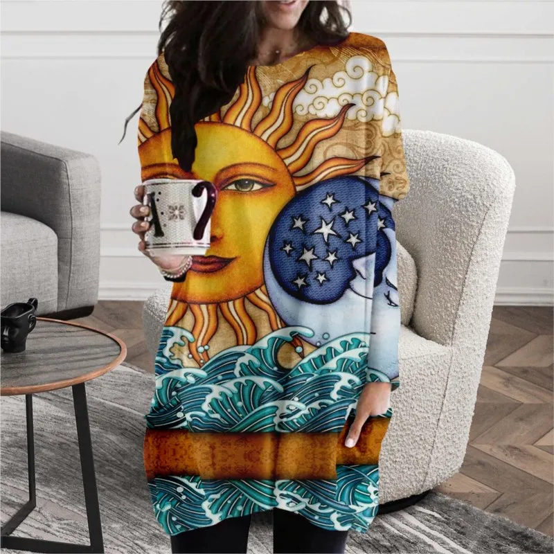 

2023 Autumn New 3D Round Neck Sun Pattern Printed Women's Elegant Loose Pullover Y2k Fashion Street Hip Hop Women's Clothing