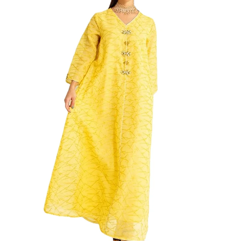 Dresses For Women 2022 V-Neck Long Sleeve Mesh Rhinestone Beaded Belted Morrocan Kaftan Dress Muslim Clothing For All Season