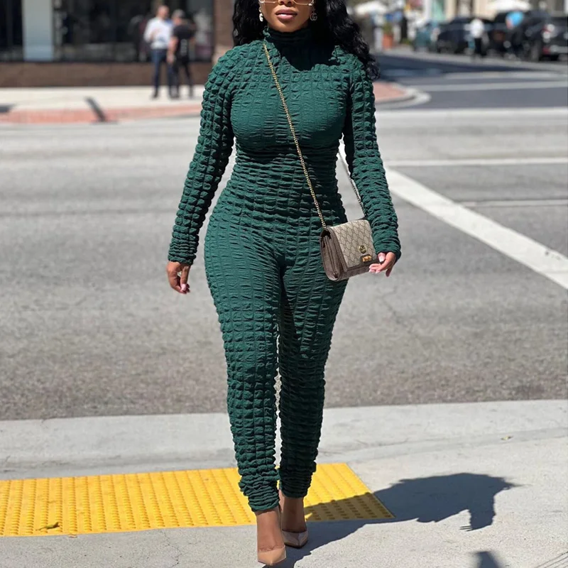 New 2022 Autumn Winter Women Solid bubble Long Sleeve Bodycon Jumpsuit Skinny Sexy Romper Fitness Overalls Streetwear