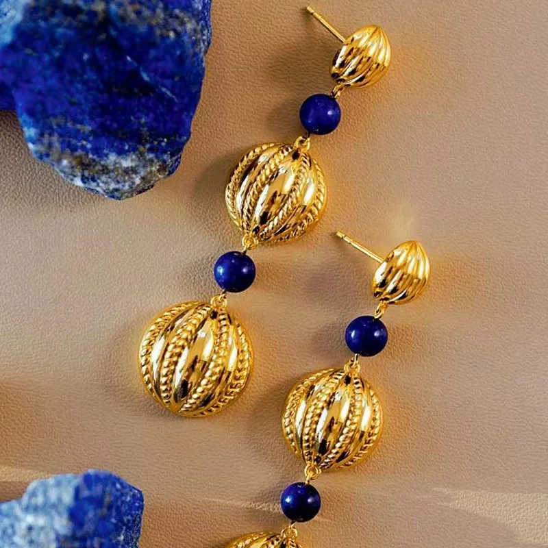 

Foydjew French Style Retro Jewelry Luxury Natural Lapis Lazuli Long Earrings Pendant Earring Banquet Cocktail Party Accessories