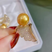meibapj 10 11mm golden natural freshwater pearl ginkgo leaf ring real 925 sterling silver fine wedding jewelry for women