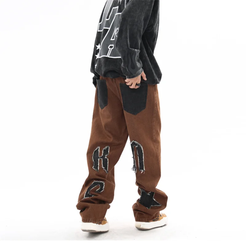 Star Patch Embroidered Loose Men's Jeans Harajuku Retro Street Hip Hop High Waist Loose Jeans Pants Mens Y2k Men’s Jeans Cotton
