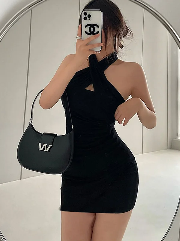 

Girl Pure Spicy Style Sexy Tight Slim Fold Cross Hanging Neck slim Hip tank mini Dress Short fashion women tops 2023 new OX31