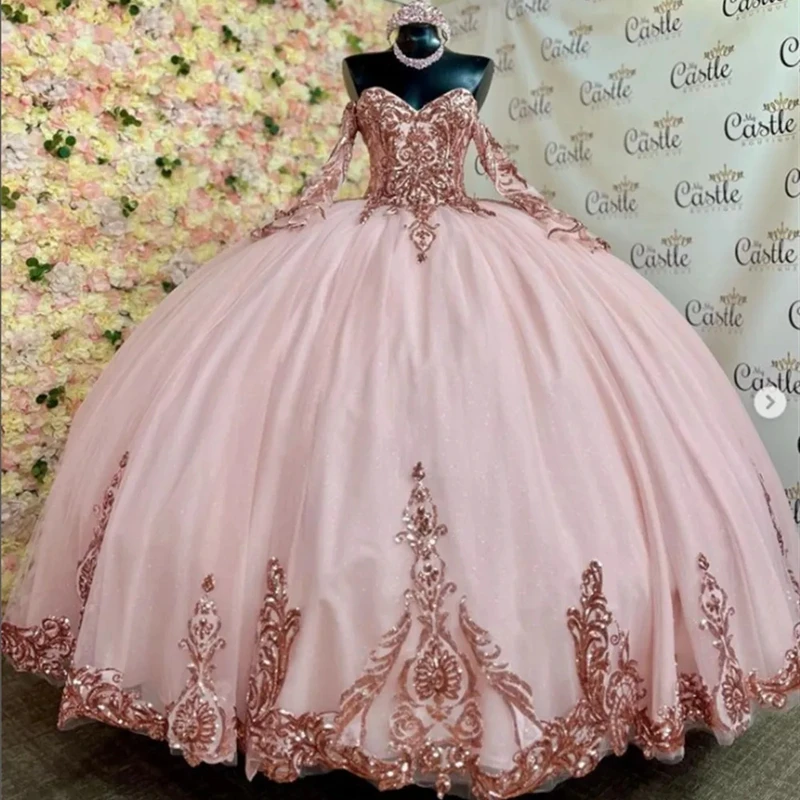 

ANGELSBRIDEP Sparkly Rose Pink Quinceanera Dresses Long Sleeve Sequins Sweetheart Applique Ball Gown Tulle Vestidos De 15 Anos