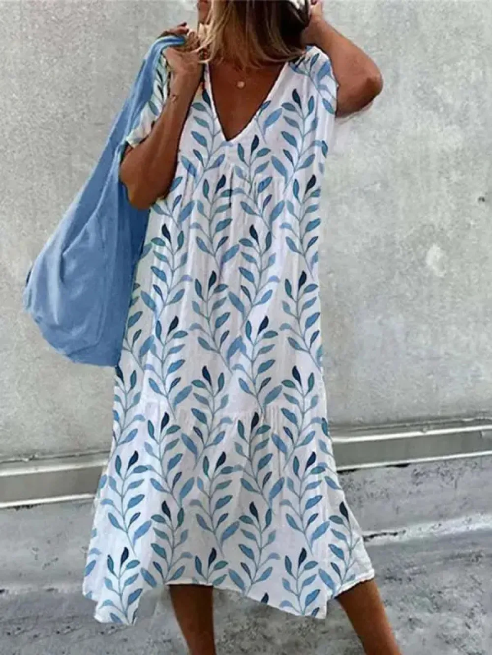 

Spring/Summer New Women's V-Neck Dress Split Casual Pullover Printing Loose Fitting Middle Waist Short Sleeve Splice Long Skirt