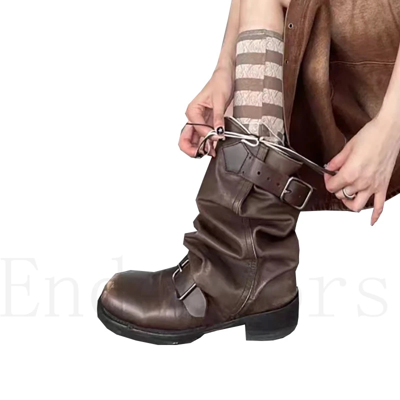 

Ботинки женские на толстом каблуке, винтажные универсальные ковбойские сапоги с квадратным носком, с ремешком и пряжкой, с Изношенным рукавом, в западном стиле, Осень-зима