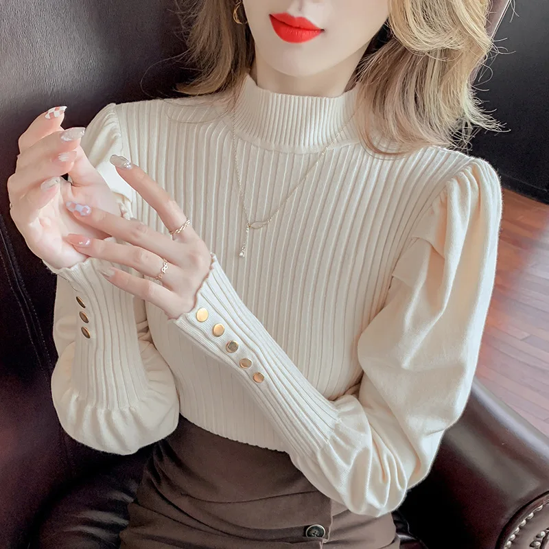 

Autumn and Winter New Style Bubble Sleeve Sweater Women Fashionable Personality Half High Collar Middle Neck Slim Fit Underlay