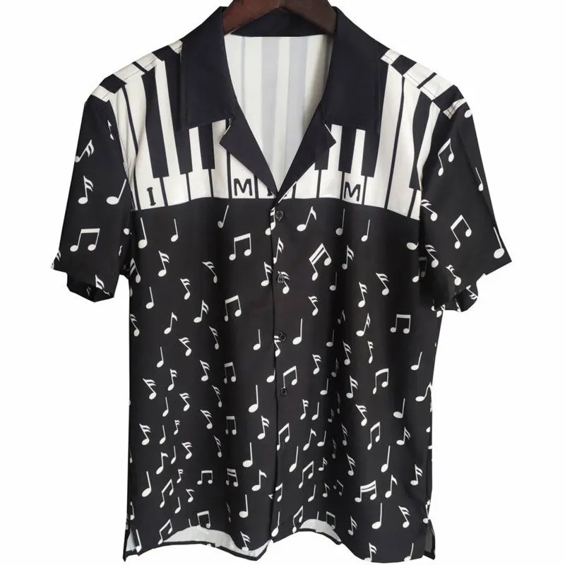 

2022 White Piano Note Pattern Shirt For Men High Quality Short Sleeve Casual Shirt Social Streetwear Business Dress Shirt Black