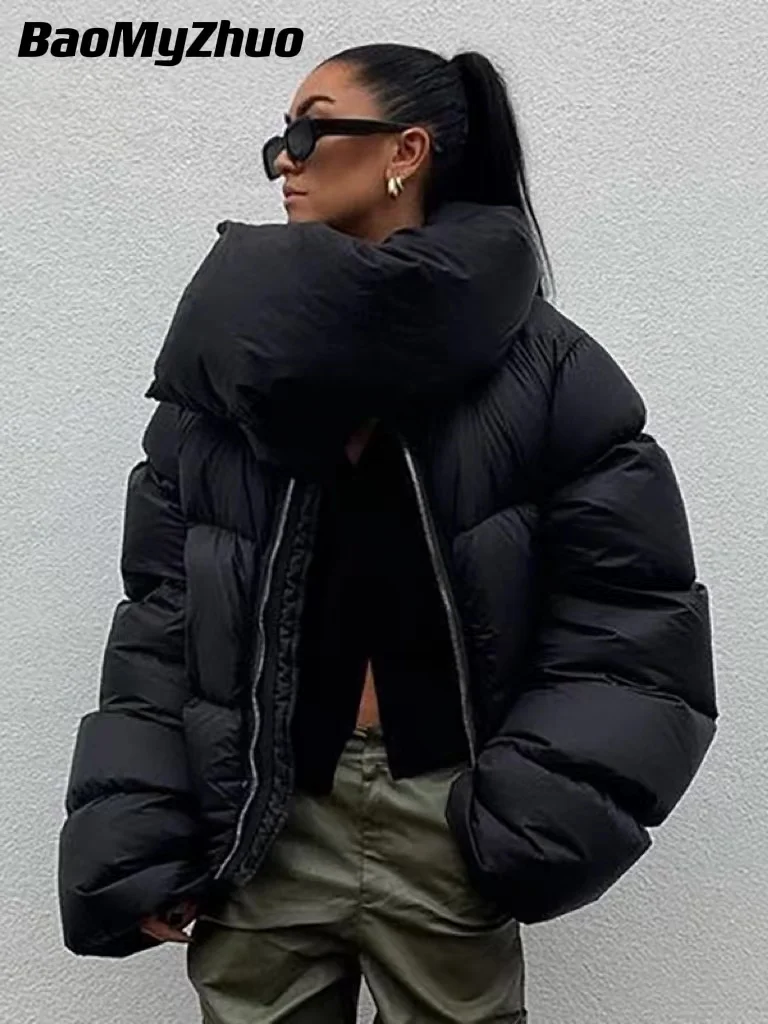 2022 New Women's Winter Scarf Collar Jacket Solid Thick Warm Loose Bubble Cotton Coats Female Black Puffer Parkas Casual Outwear