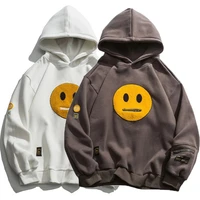 zipper pocket smile face patchwork fleece hoodies sweatshirts streetwear mens hip hop casual pullover hooded male tops