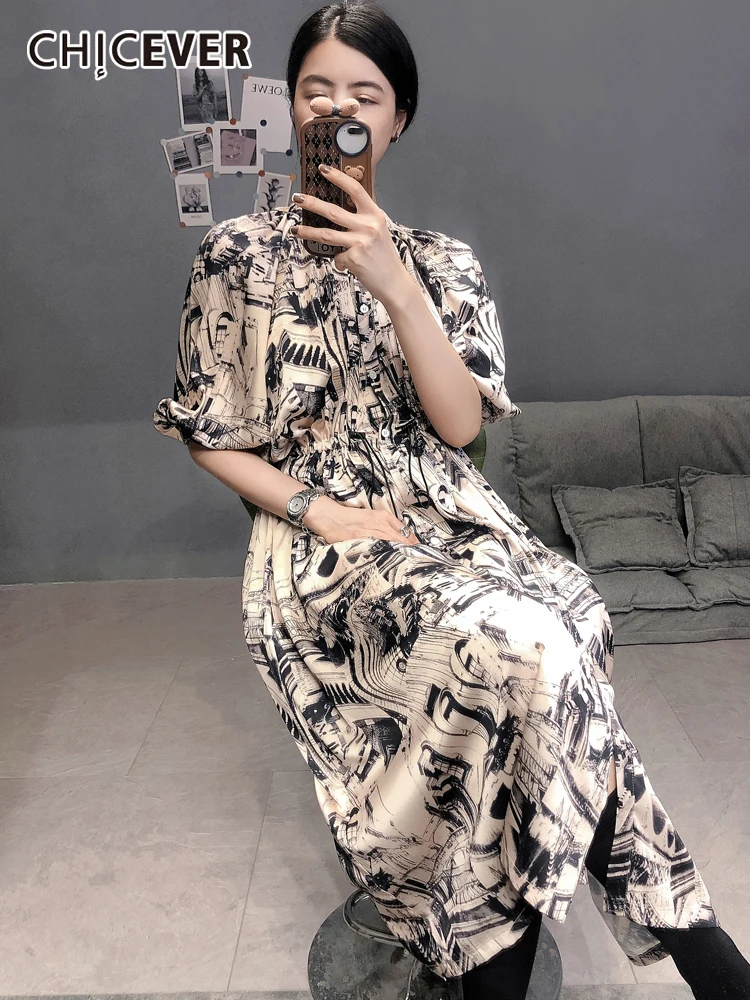 

CHICEVER Long Dress Women's Clothing Summer 2022 Floral Elegant Casual Colorblock Dresses O Neck Short Sleeve Fashion New Style