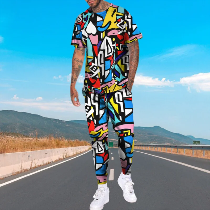 

3D Color Pattern Casual Oversized Clothes Summer Sportwear Suit Short Sleeve T Shirt Long Pants Men 2 Piece Sets Men Tracksuit