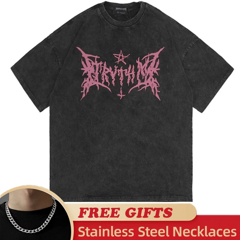 

Men Punk TShirt 2023 New Short Sleeve Unisex High Street Vintage Washed Loose Oversized Casual T-shirts Harajuku Top Tee Women