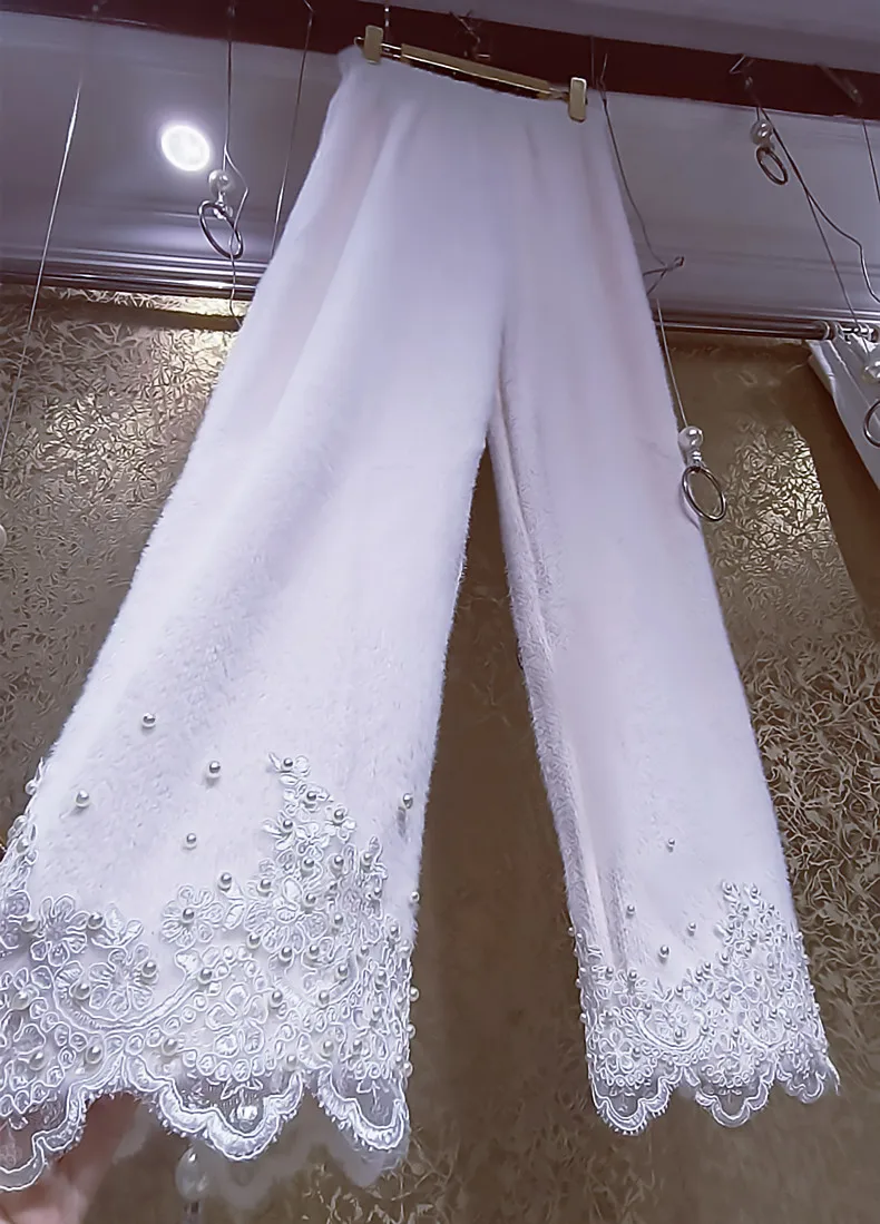 Heavy Industry Winter Thickened Sequin Beading Long Pants Women Fashion Straight Wide Leg Trousers