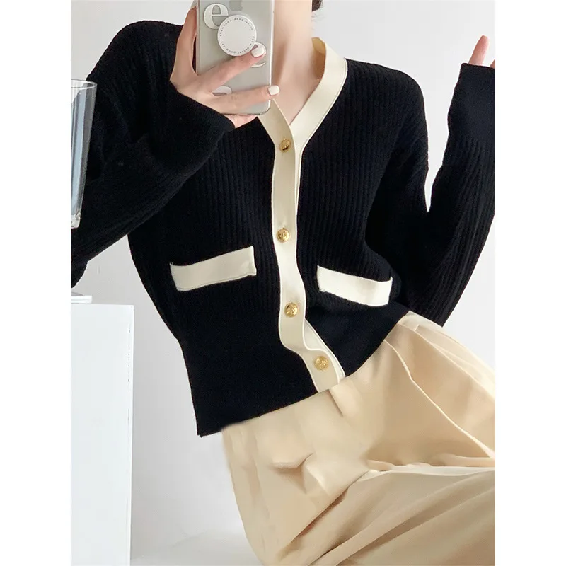 

Gentle Soft Glutinous Sweater Waist-Controlled Top Female Autumn Coat Contrast Color V-neck Knitted Sweater Cardigan Women