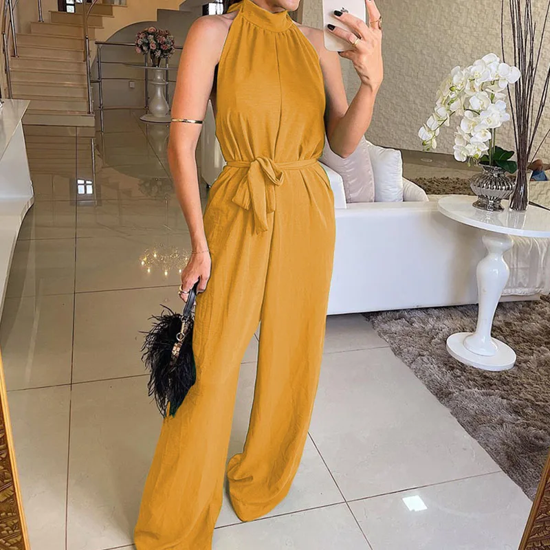 

New Hollow Backless Club Romper Overalls Sexy Lady Halter Lace Up Long Pant Jumpsuit Summer Streetwear Sleeveless Solid Playsuit