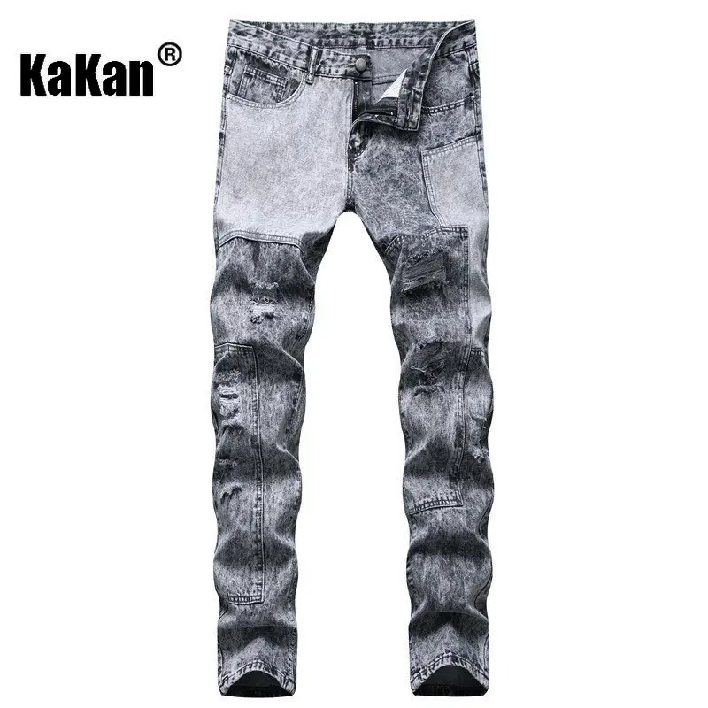 Kakan - European and American New Nostalgic Stir Fried Punctured Straight Leg Jeans Men's Wear, Casual Mid Waist Long Jeans 9237
