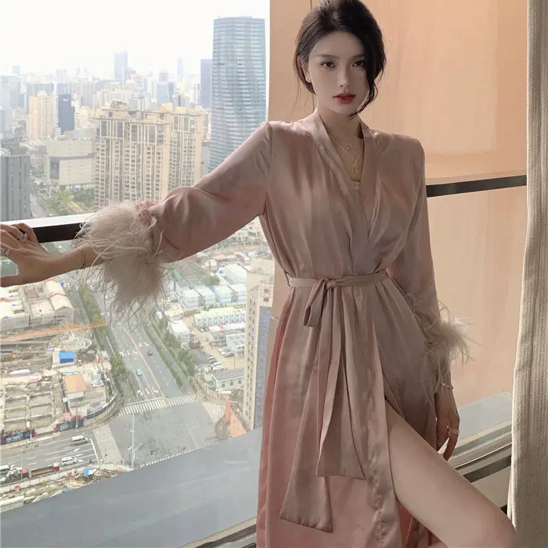 QWEEK Sexy Pajamas with Feathers Sleepwear Bathrobe Female Women's Long Robe Summer Nightgowns Pink Designer Clothes Luxury