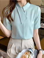 vetement femme white short sleeve shirts for women fashion office lady clothes turn down collar top 2022 summer chiffon blouses