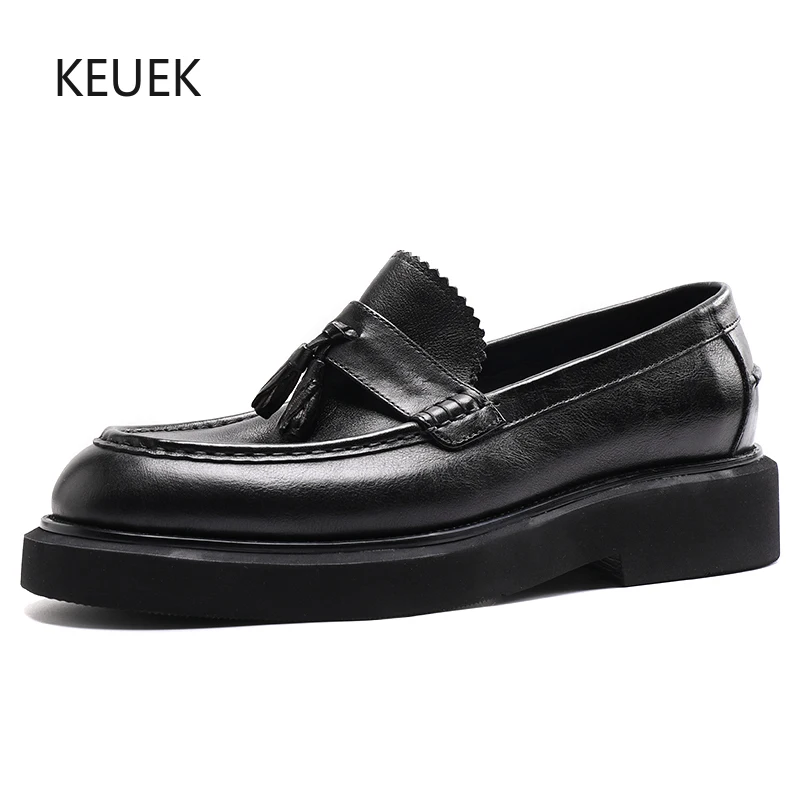 

New Design Thick Sole Heighting Loafers Men Tassel Casual Leather Shoes Male Genuine Leather Fashion Dress Business Moccasins 5A
