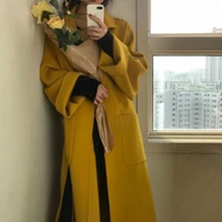 x long elegant lapel wool jacket winter women long woolen coat cardigan 2021 warm loose bandage outwear with pocket black yellow