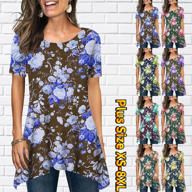

New Summer Ladies Loose Unique Print T-shirt Tops Fashion T-shirt Round Neck Under the Open Sexy Short-sleeved XS-8XL