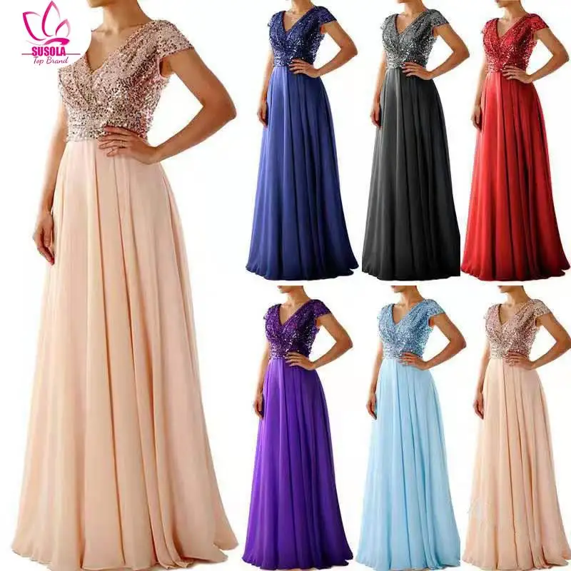 Вечернее платье с V-образным вырезом и золотыми блестками макси-платья длиной до