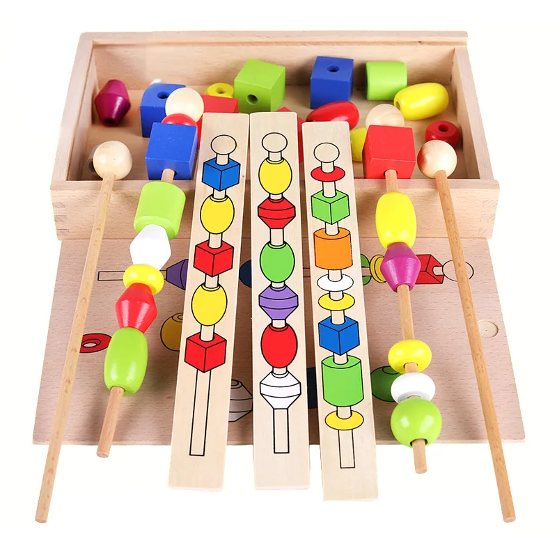 

Montessori Early Learning Puzzle Beaded Box Children's Enlightenment Fine Action Training Wooden Stick Rope Wearing Beaded T
