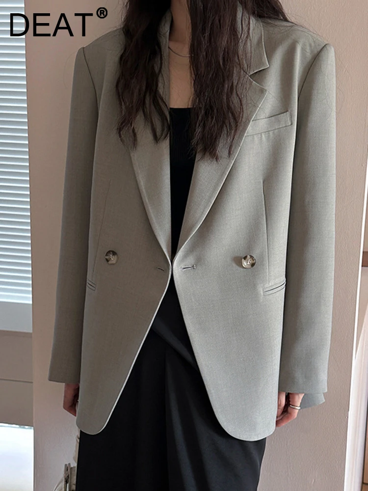 

Женский двубортный Блейзер DEAT, зеленый пиджак с отложным воротником и длинными рукавами, с разрезом и карманами, осень 2023