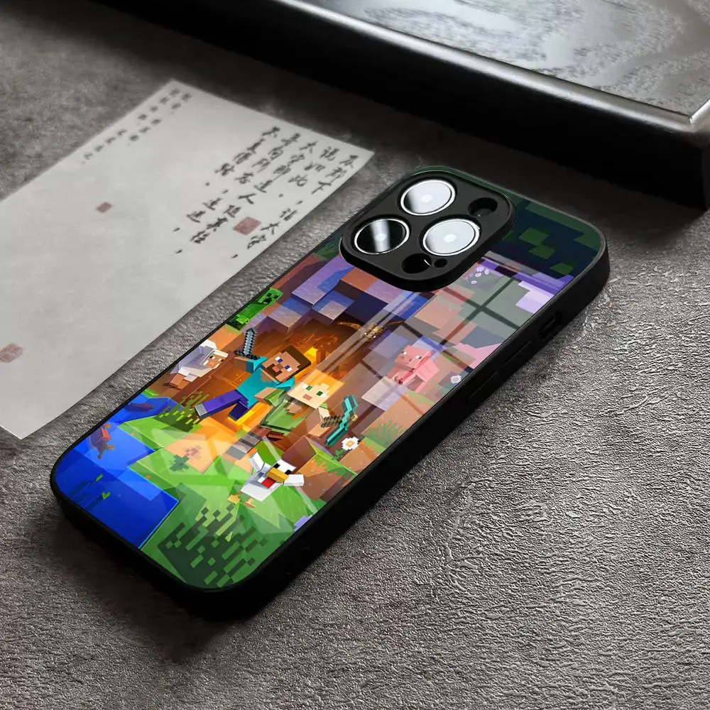Фото Чехол для телефона Game M-Mine-craft Movie для iPhone 15 Pro Max 14 Plus 17 Pro Max 12 11 13 X XR XS 16 Plus Air SE, стеклянный чехол №5