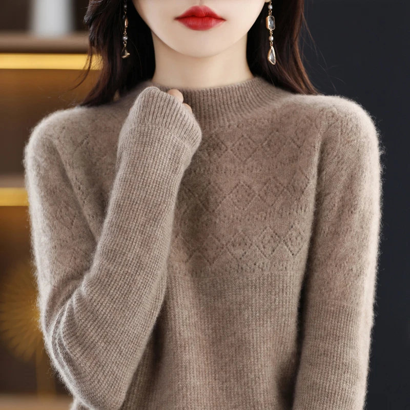 

Cashmere sweater women's semi-high neck sweater 100% pure wool knitted long-sleeved pullover Korean version slim soft blouse