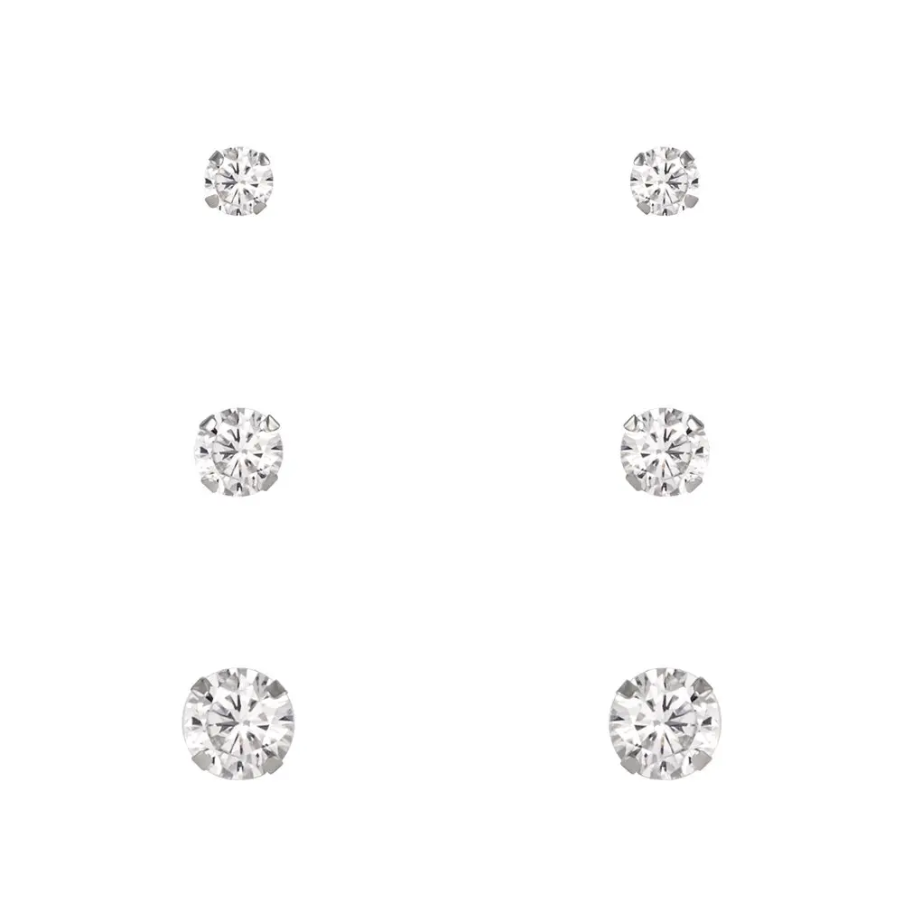 

10kt White Gold Cubic Zirconia Stud Earrings Set, 3/4/5mm