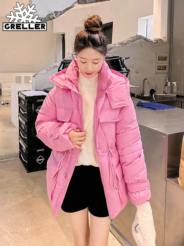 GRELLER 2022 New Winter Women Parkas Jackets Casual Big Pocket Thick Warm Hooded Coat Female Winter Outwear Oversized Clothes