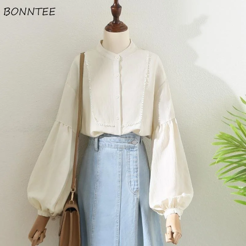 

Shirts Women Lantern Sleeve Schoolgirl Lovely Tender Simple Tops Femme All-match Autumn Blusas Casual Ulzzang Solid New Clothing