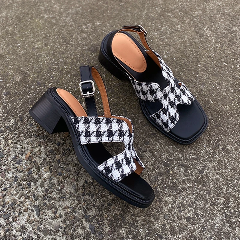 

Heihaian Sandals 2023 Summer New Elegant Small Fragrance Open Toe Sandals Thousand Bird Lattice Design Thick Heel Shoes For Wome