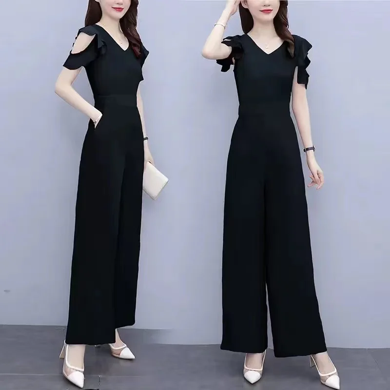 

Black Fashion Chiffon Wide Leg Jumpsuit Women's Summer Dress 2022 New Lotus Leaf Sleeve Short Sleeve Jumpsuit