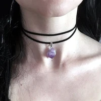 new amethyst rough stone necklace double leather collar simple short choker collar trend pendant clavicle chain necklace