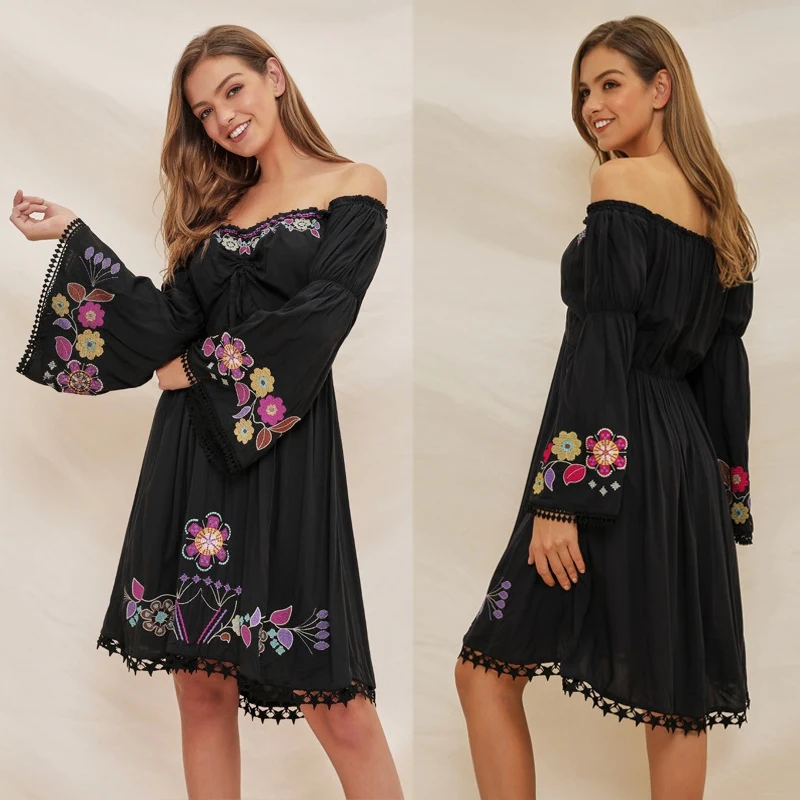 

ASDS-Boho Sexy Appeal One Word Gets Beach Dress Ethical Wind Embroider Inwrought Flower Mini Dress