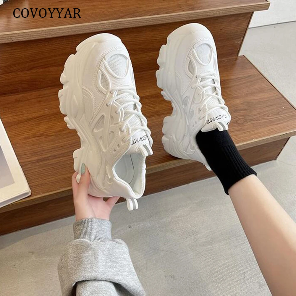 

COVOYYAR White Sneakers Women High Platform Casual Shoes Chunky Wedge Vulcanized Shoes for Woman Lace Up Black Dad Shoes WSN493