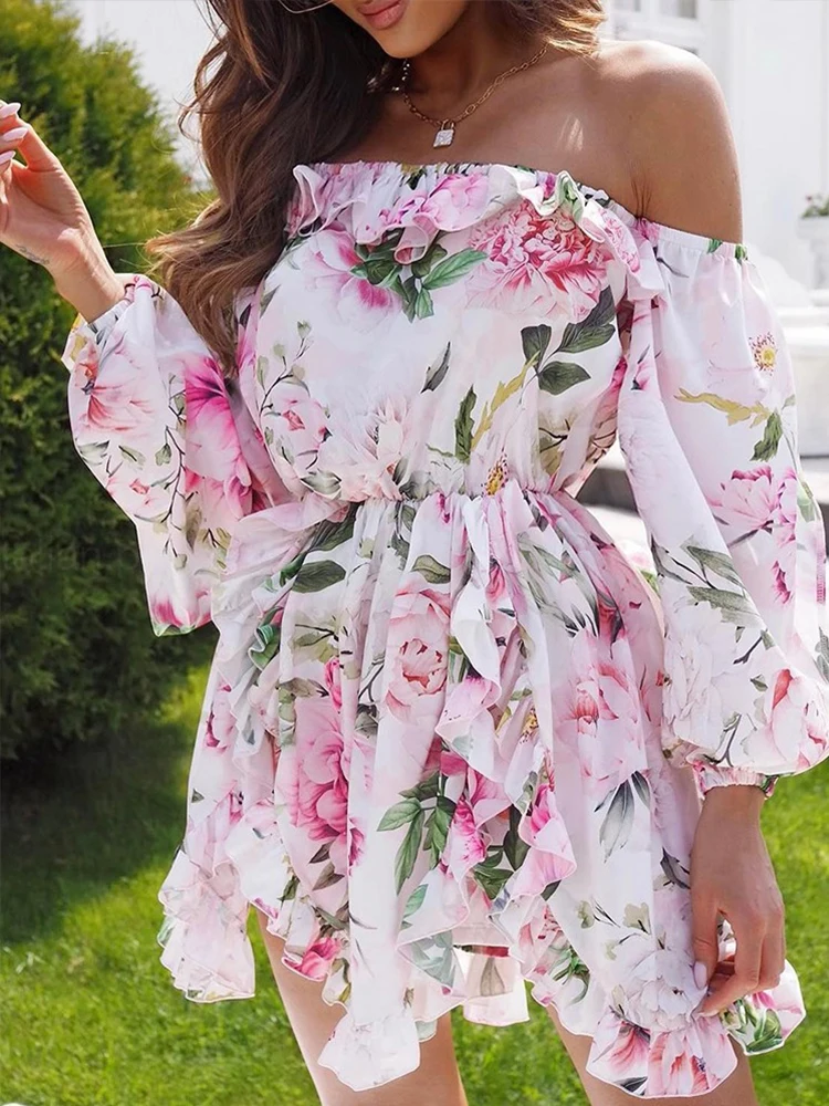 

2022 Summer Dresses For Women Off Shoulder Floral Print Lantern Sleeve Ruffles Dress Vestidos De Mujer Casual Boho Mini Dress