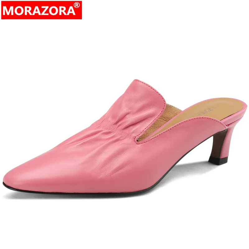 

MORAZORA 2023 New Size 33-40 Sheepskin Mules Slippers Pleated Thick Med Heels Slippers Fashion Ladies Summer Party Shoes