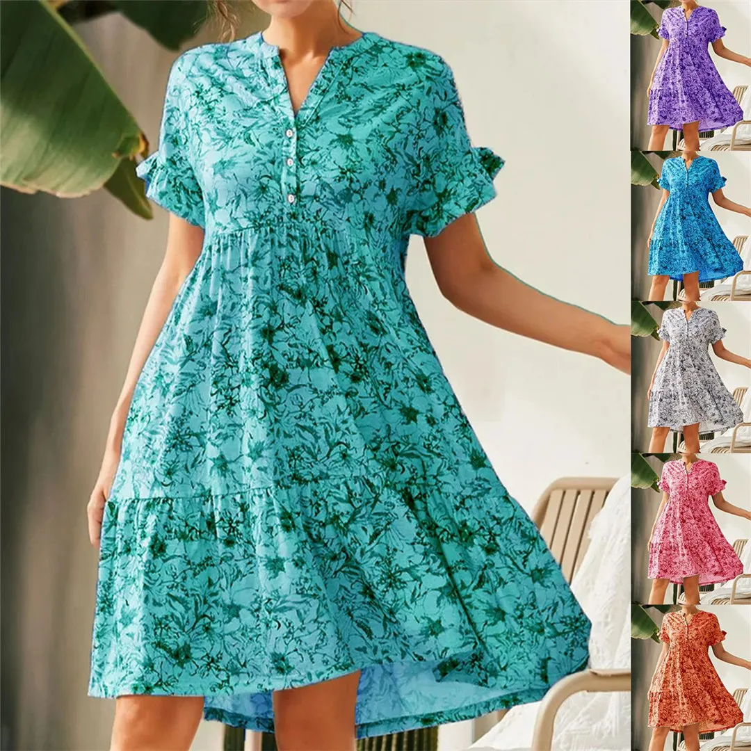 

Spring/Summer 2023 Women's Clothing V-Neck Button Print Short Sleeve Relaxed Dress Woman Female& Lady Casual Dresses