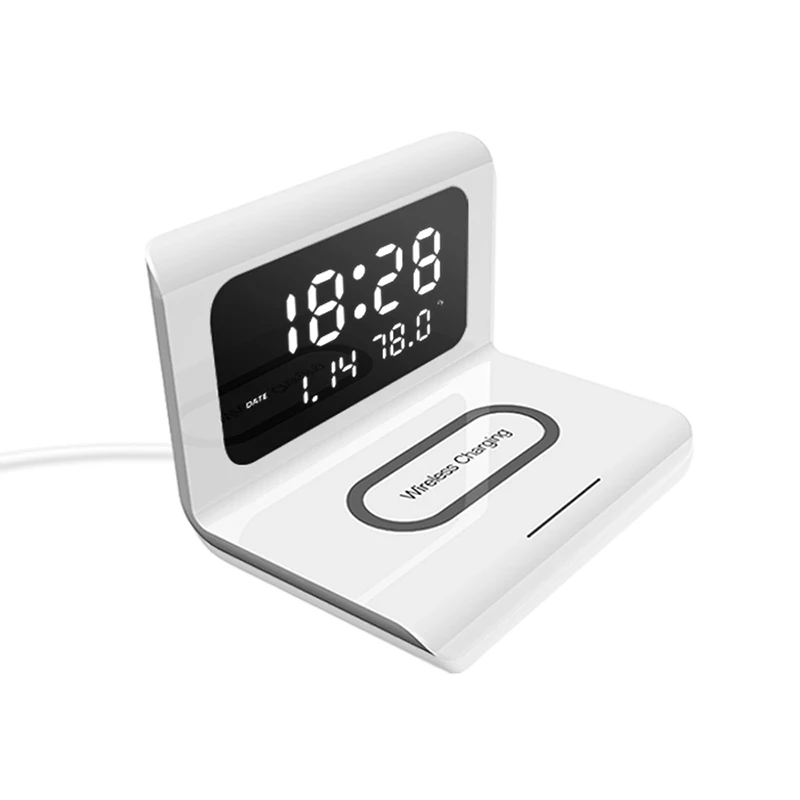 

LED Alarm Clock QI Wireless Charger For iphone 13 Pro Samsung Huawei Xiaomi With Digital Thermometer Date Display Electric Clock