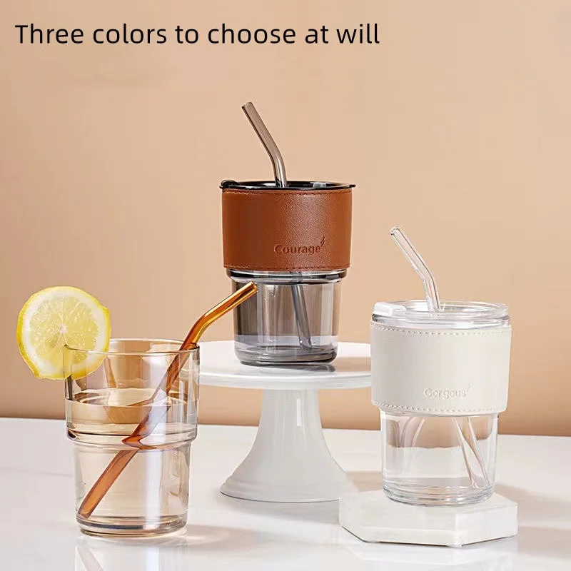 

450ml Glass Straw Cup Coffee Cup with Lids and Straws Leak-proof Cups Heat-Resistant Water Bottle Couple Coffee Mug With Straw