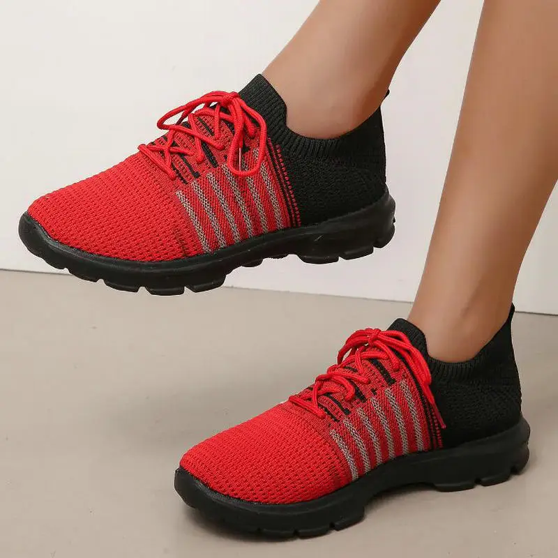 Latest Red Casual Sneakers Flat Shoes Women's Fashion Shoe Fly Knit Brilliant Shoes Front Lace Up Round Toe Running Cycling Shoe