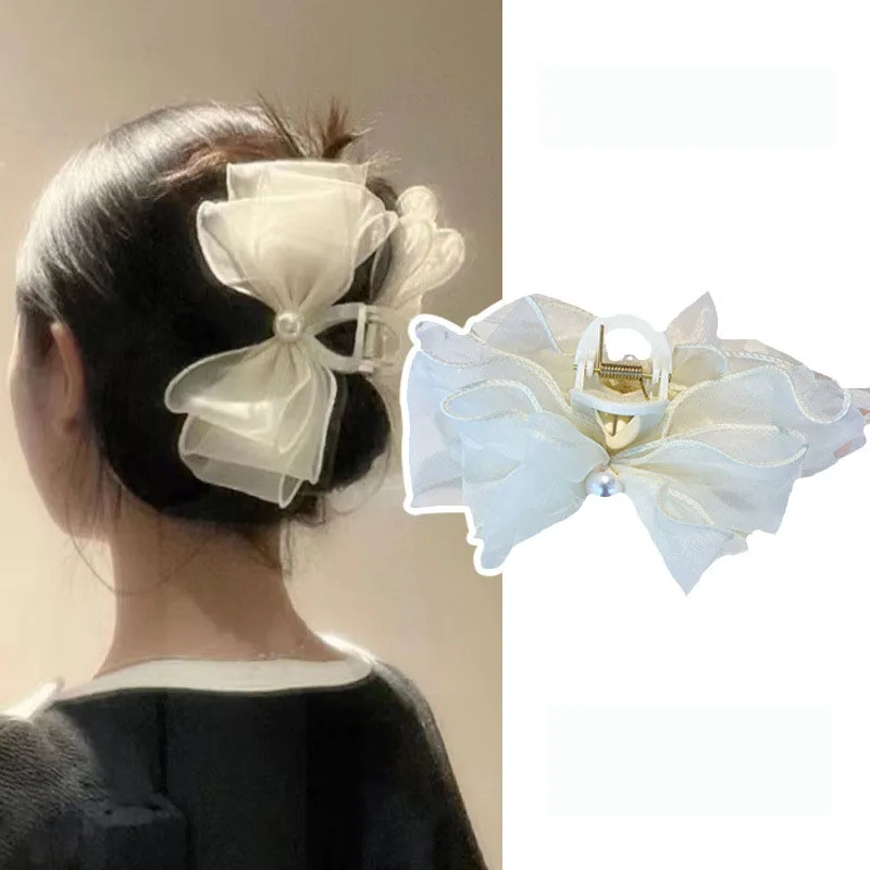 

Fashion Tulle Big Bow Hair Claw Clips for Women Bowknot Pearl Hair Clamp Ponytail Claw Clip Headdress WOMAN HAIR CLIP tiara