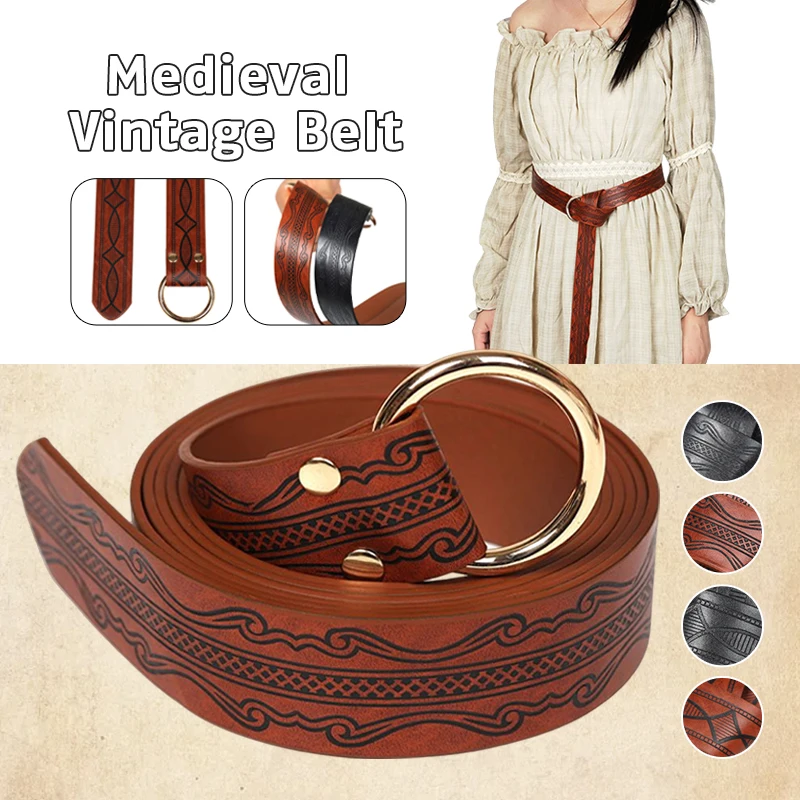 Retro Leather Belt Medieval Embossed Viking Vegvisir Pu Leather O Ring Belt Renaissance Knight Buckles Belt Leather