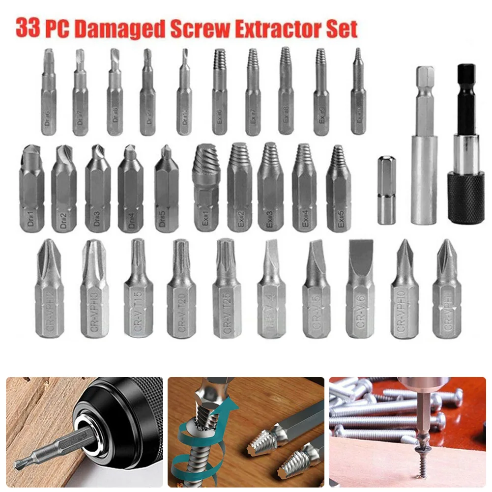 

33PCS Damaged Screw Extractor Alloy Extractor Drill Bit Set Extractor Broken Drill Bit Stripped Out Easily Take Out Remover Tool